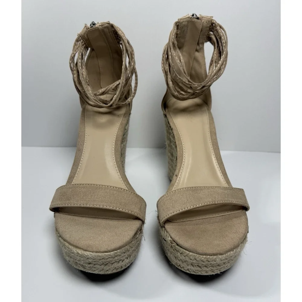 Beige Fringe Espadrille Wedge Sandals Zipper Ankle Strap Fabric Women Size 8